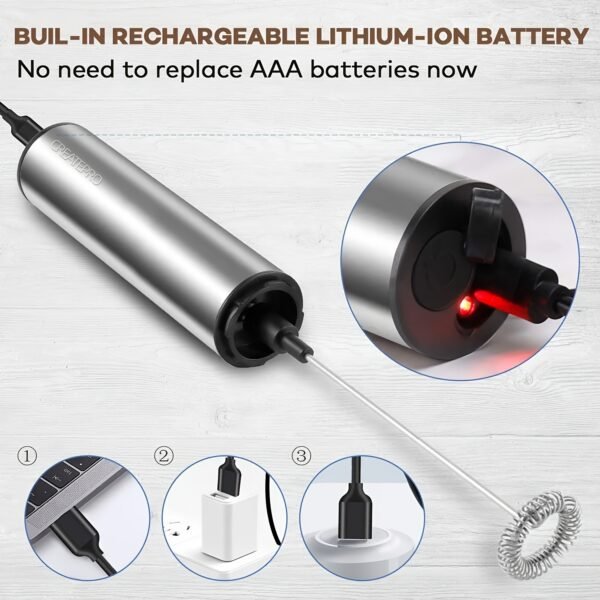 64390b4d-e1af-40ab-b9f4-7626267d541f.jpg Rechargeable Stainless Steel Milk Frother 2 Speeds for Latte Cappuccino Espresso Home And Barista Use