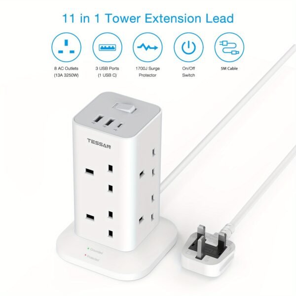 5M Tower Extension Lead Featuring 2 USB-A And 1 USB-C